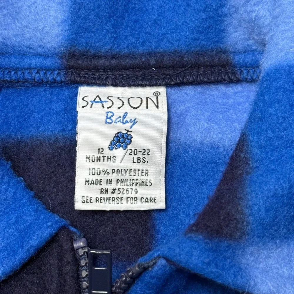 Vintage Sasson Baby Blue Buffalo Plaid Fleece Jacket & Denim Pants Set 12 Months